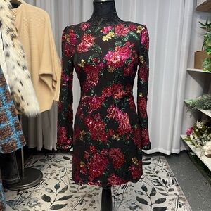 Fate Black and Red Floral Sequin Long Sleeve Dress